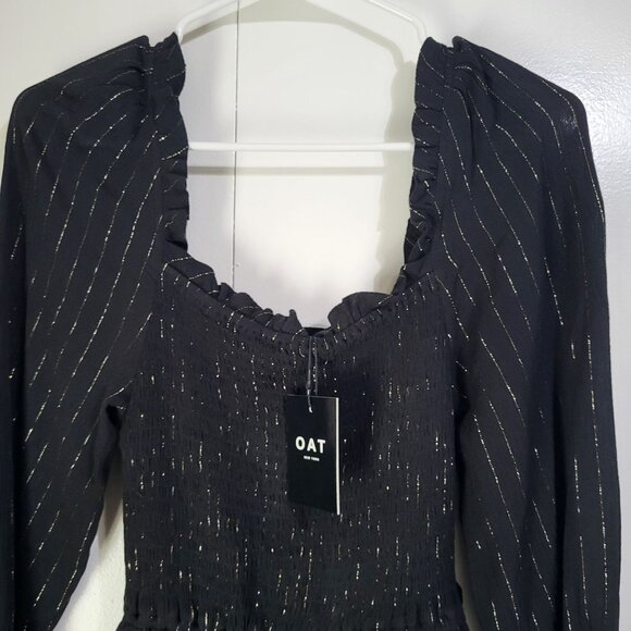 OAT New York Women's Dress Black Gold Metallic Pinstripe Midi Smocked NWT - Picture 3 of 8
